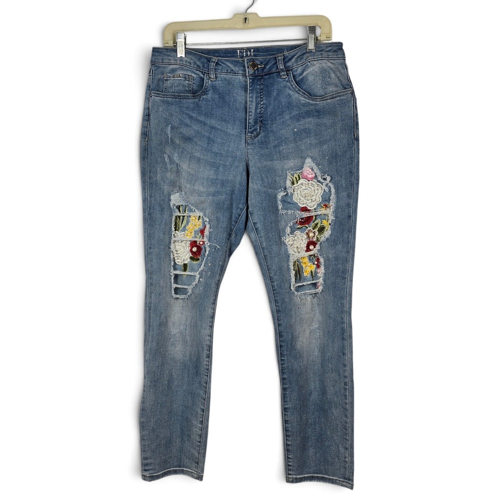 FDJ French Dressing Jeans Womens 12 Distressed Embellished Olivia Blue Slim Leg